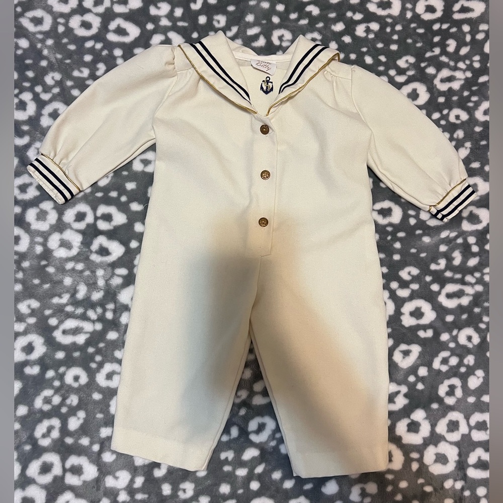 Vintage Little Bitty Sailor Romper 12M Cream Nautical One Piece Made in USA